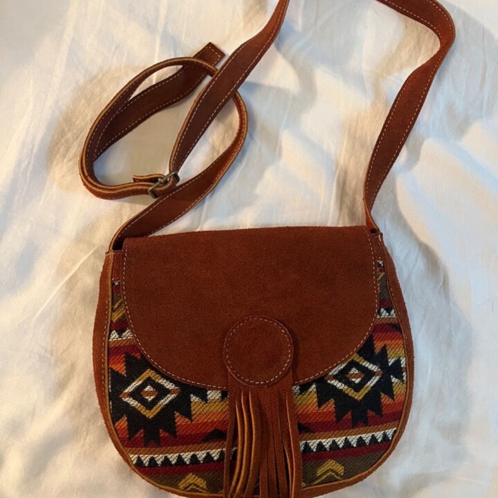 Southwest design brown suede cross body Purse Zip Close tassel adjust strap ABC